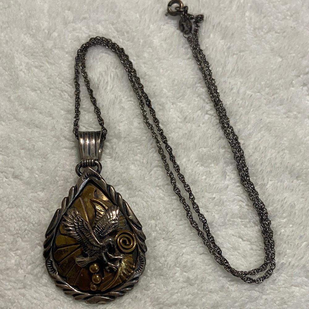 Sterling silver 925 brass Running Bear RB Native American Eagle pendant Necklace